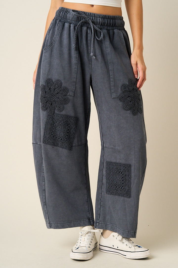 Mineral Wash Crochet Patch Barrel Leg Pants