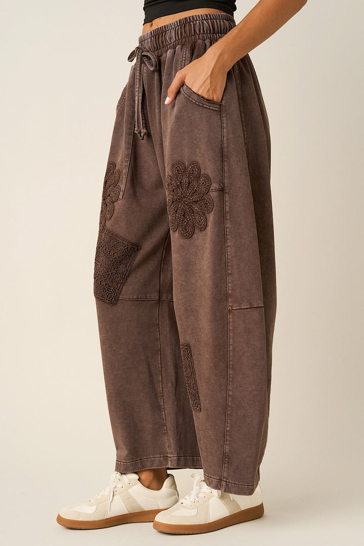 Mineral Wash Crochet Patch Barrel Leg Pants