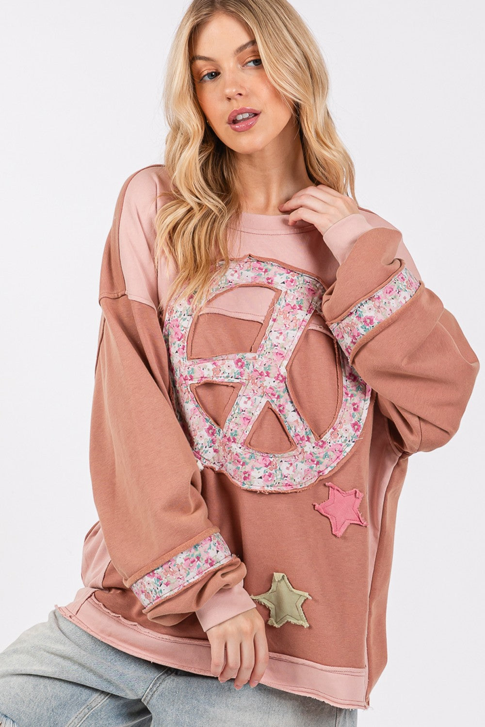 Mixed Fabric Peace Sign Top with Applique Patches with Stars - Mauve