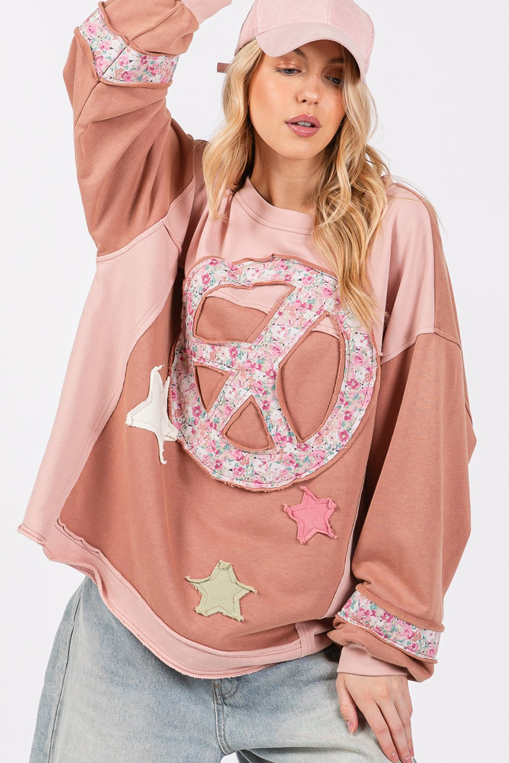 Mixed Fabric Peace Sign Top with Applique Patches with Stars - Mauve