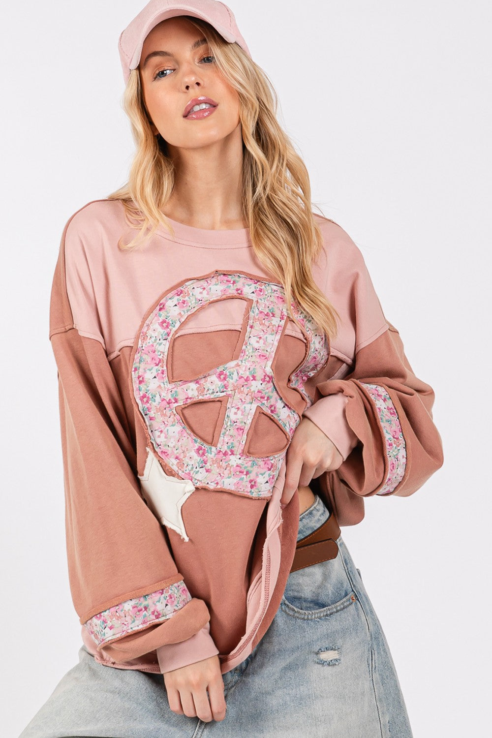 Mixed Fabric Peace Sign Top with Applique Patches with Stars - Mauve