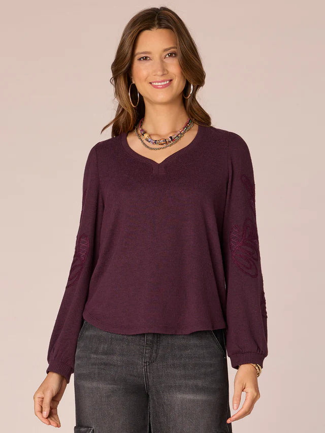 Blouson Sleeve Embroidered Knit Top - Heather Concord Grape