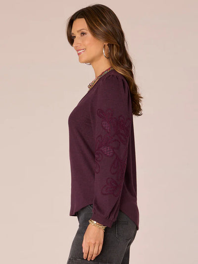 Blouson Sleeve Embroidered Knit Top - Heather Concord Grape