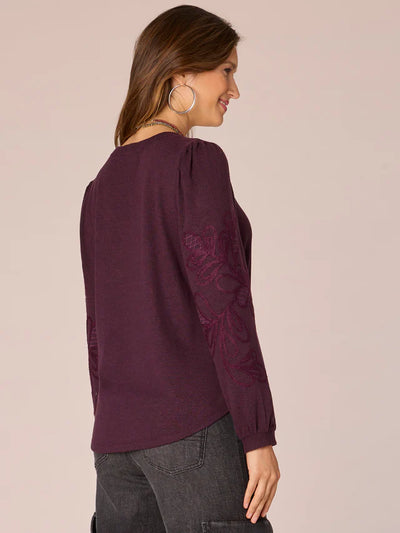 Blouson Sleeve Embroidered Knit Top - Heather Concord Grape