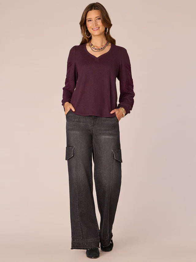 Blouson Sleeve Embroidered Knit Top - Heather Concord Grape