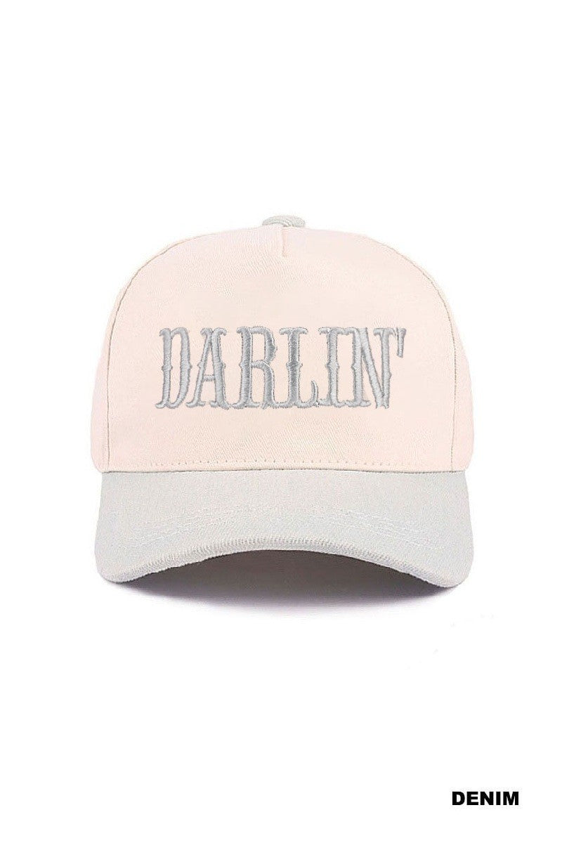 Two-toned cap with 'Darlin' embroidery on a white background