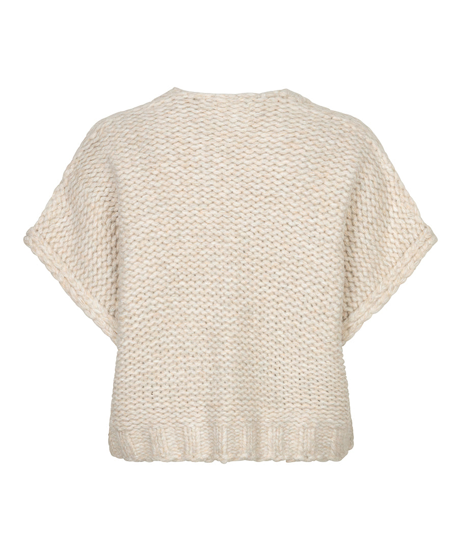 A cream-colored chunky knit poncho-style sweater with wide short sleeves, shown from the back against a plain white background.