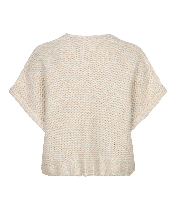 A cream-colored chunky knit poncho-style sweater with wide short sleeves, shown from the back against a plain white background.