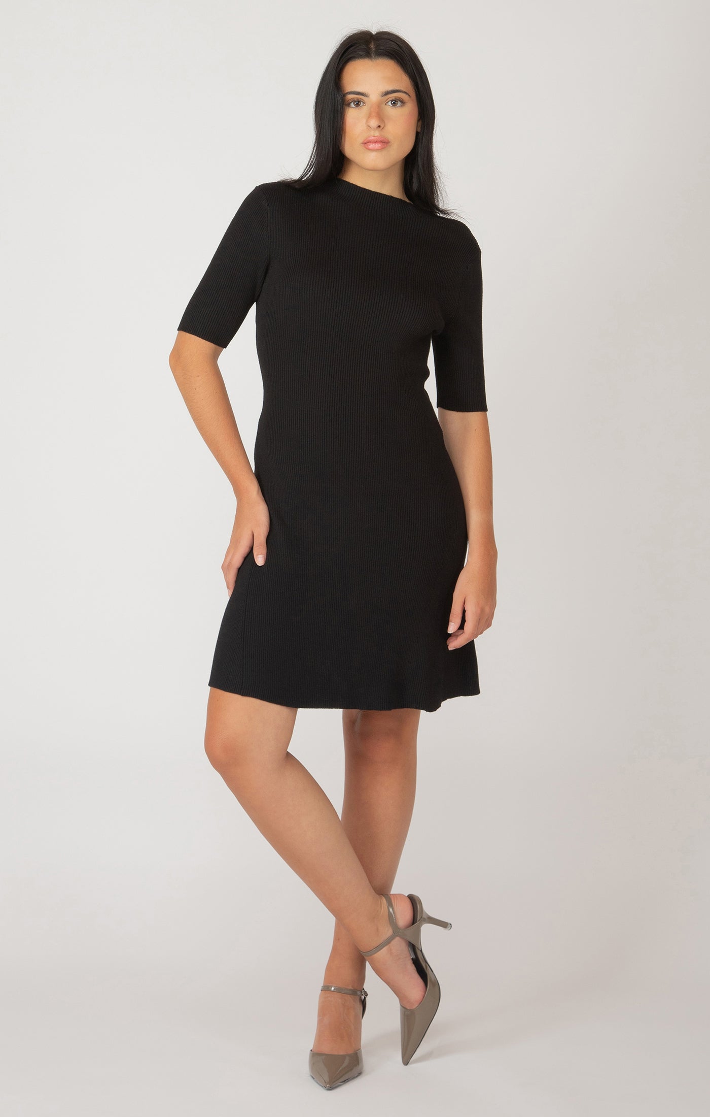 Short Sleeve Mockneck Ribbed Mini Sweater Dress - Black