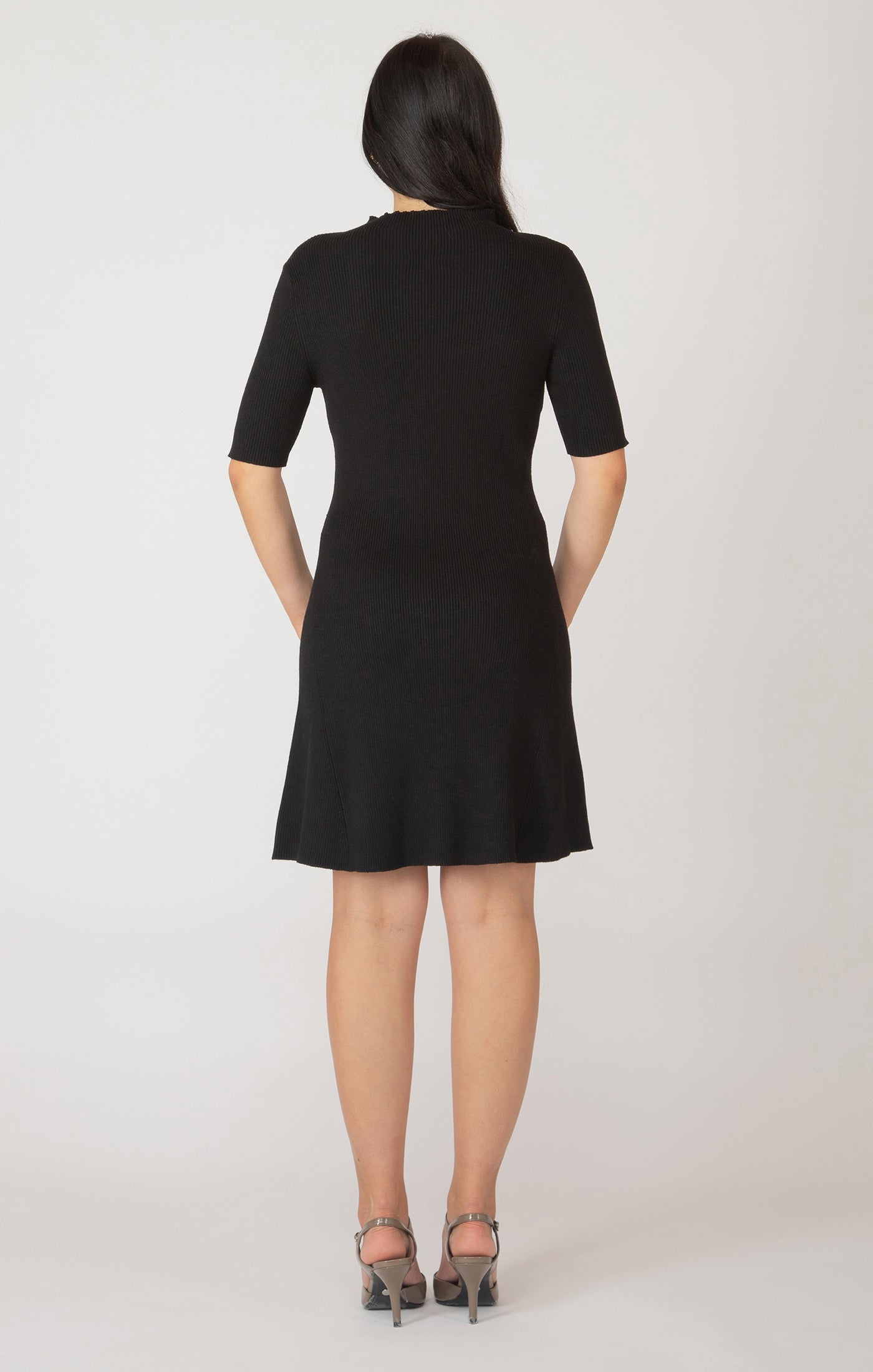 Short Sleeve Mockneck Ribbed Mini Sweater Dress - Black