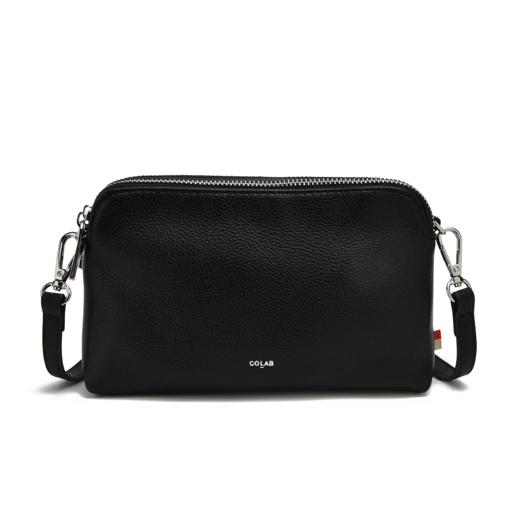 Black leather crossbody bag with a visible brand logo on a white background