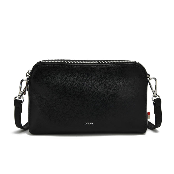 Black leather crossbody bag with a visible brand logo on a white background