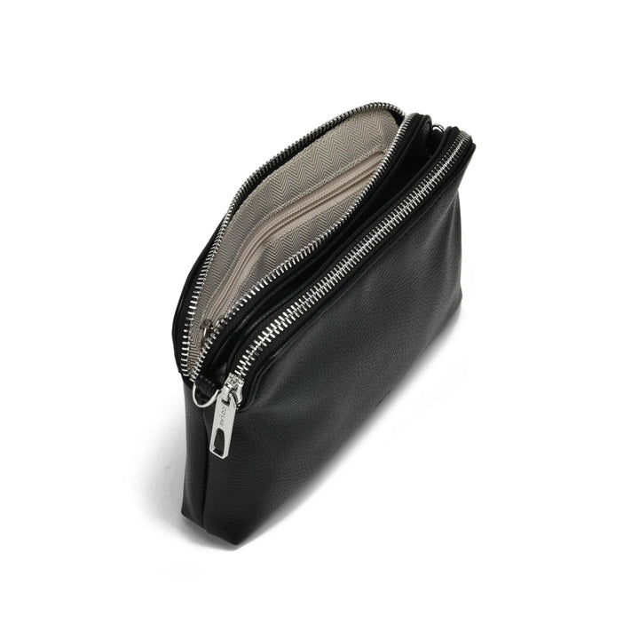 Black leather pouch with zipper on a white background