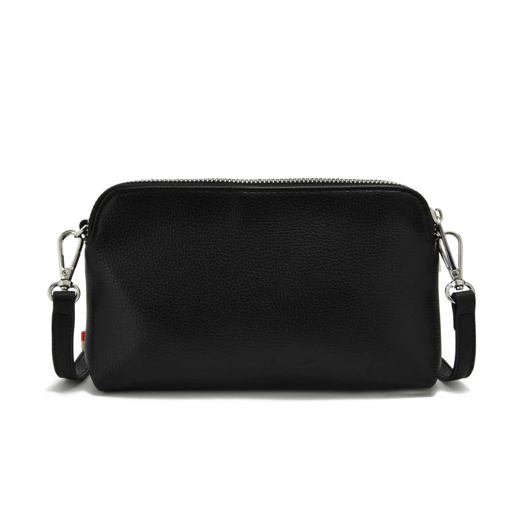 A black pebbled leather crossbody bag with a top zipper and silver-tone hardware, shown against a plain white background.