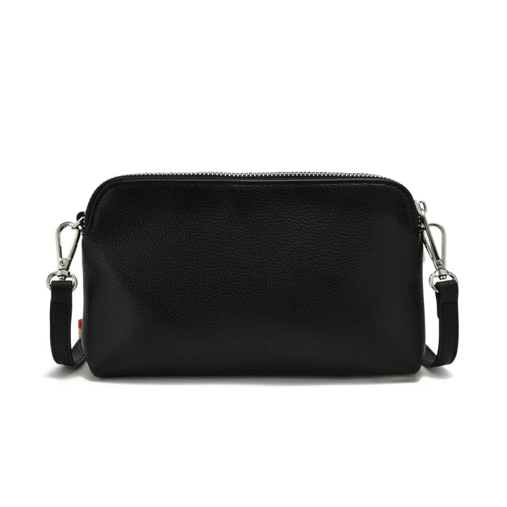 A black pebbled leather crossbody bag with a top zipper and silver-tone hardware, shown against a plain white background.