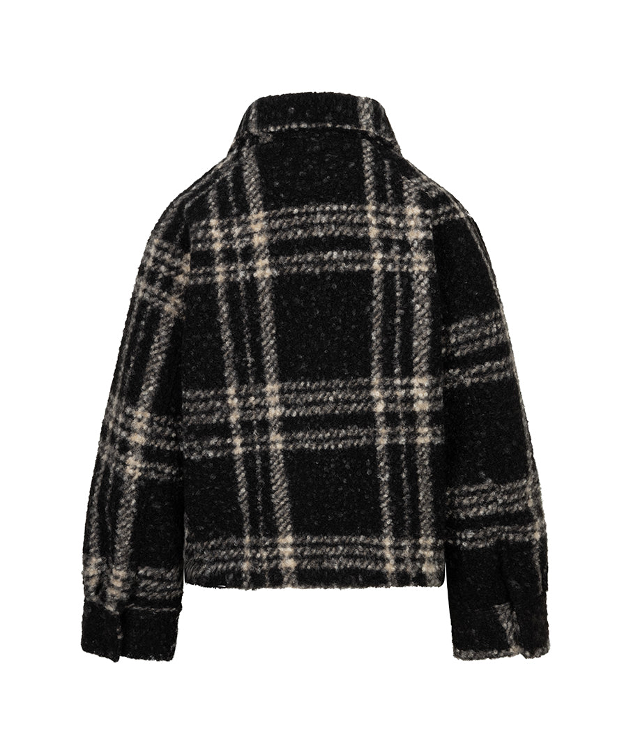 A black and beige plaid fuzzy cropped jacket shown from the back, featuring a high collar and long sleeves, set against a plain white background.
