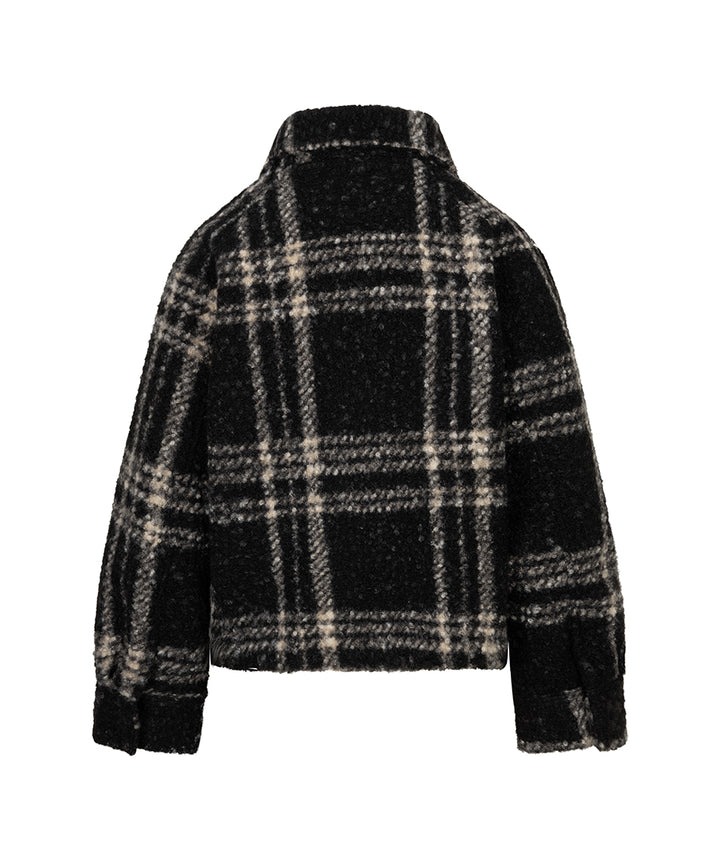 A black and beige plaid fuzzy cropped jacket shown from the back, featuring a high collar and long sleeves, set against a plain white background.