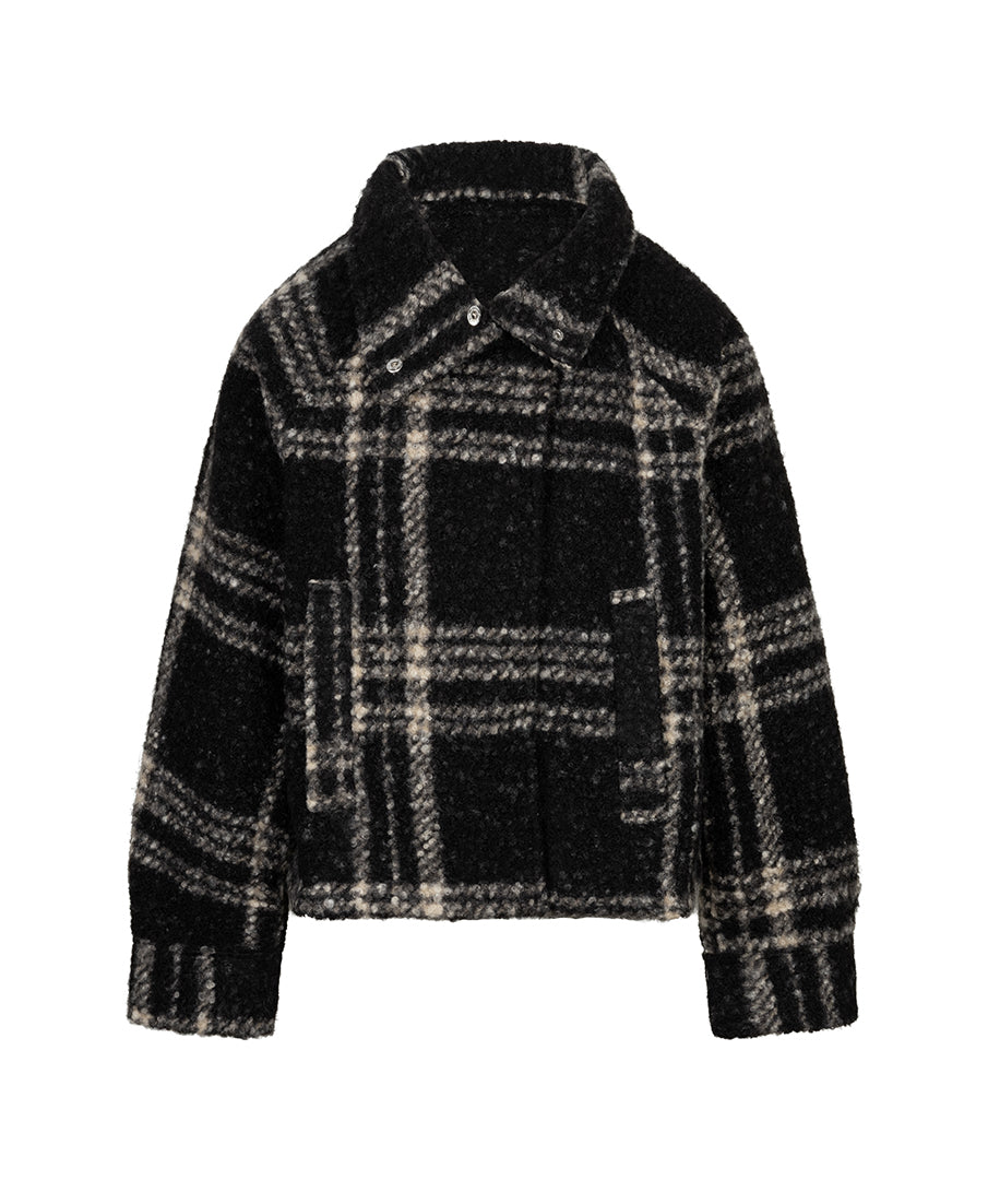 A black and beige plaid fuzzy cropped jacket with a collar and front buttons, shown against a plain white background.