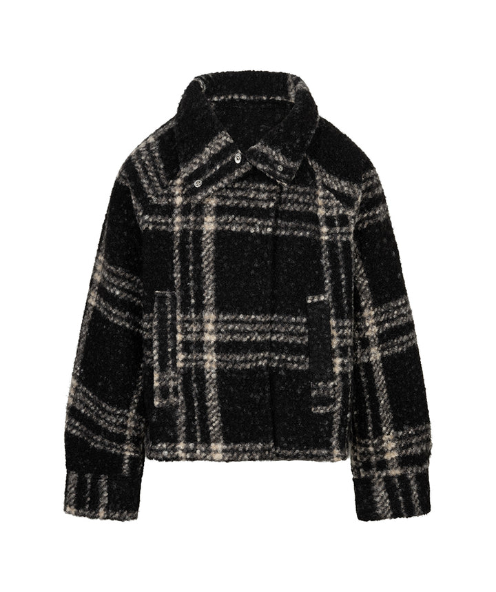 A black and beige plaid fuzzy cropped jacket with a collar and front buttons, shown against a plain white background.
