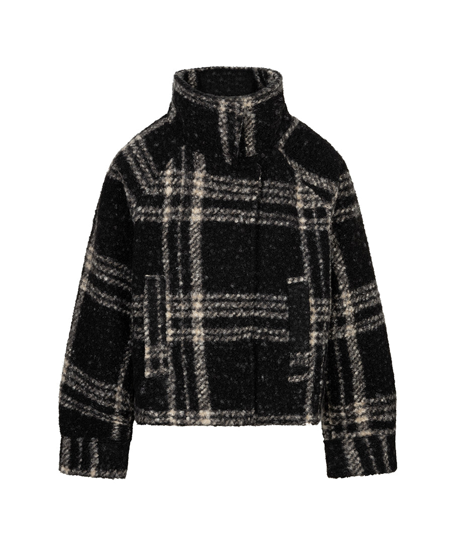 A cropped black and beige plaid jacket with a high stand-up collar, shown against a plain white background.