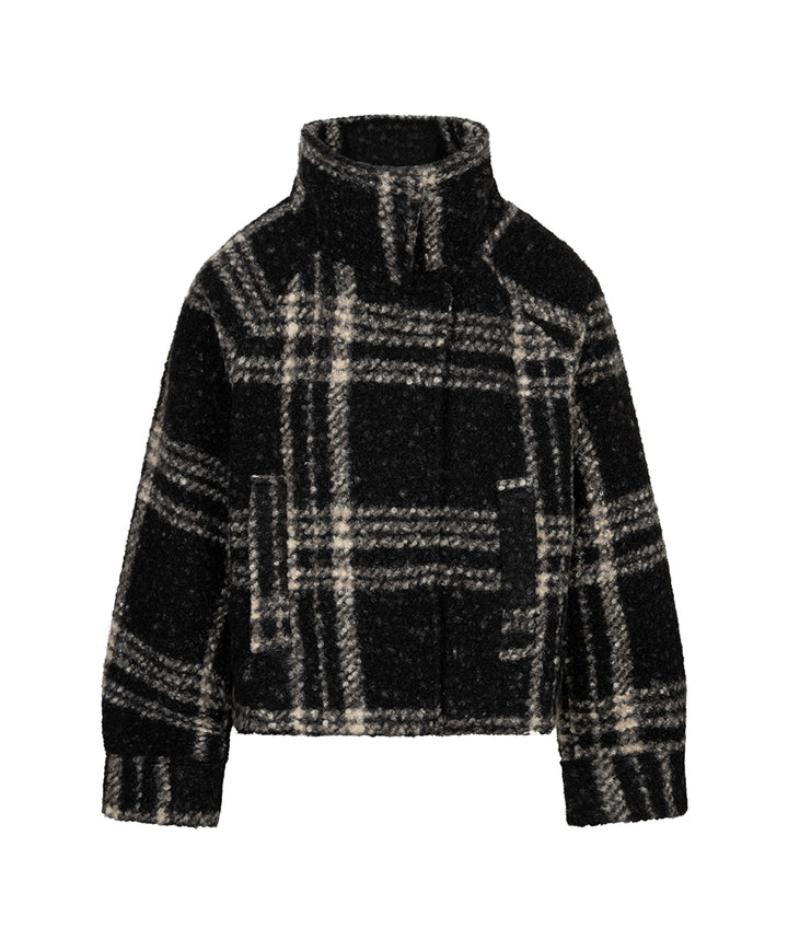 A cropped black and beige plaid jacket with a high stand-up collar, shown against a plain white background.