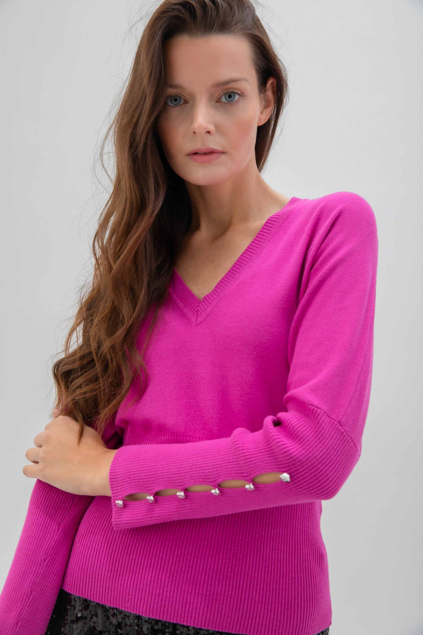 Long Sleeve V Neck Sweater - Magenta