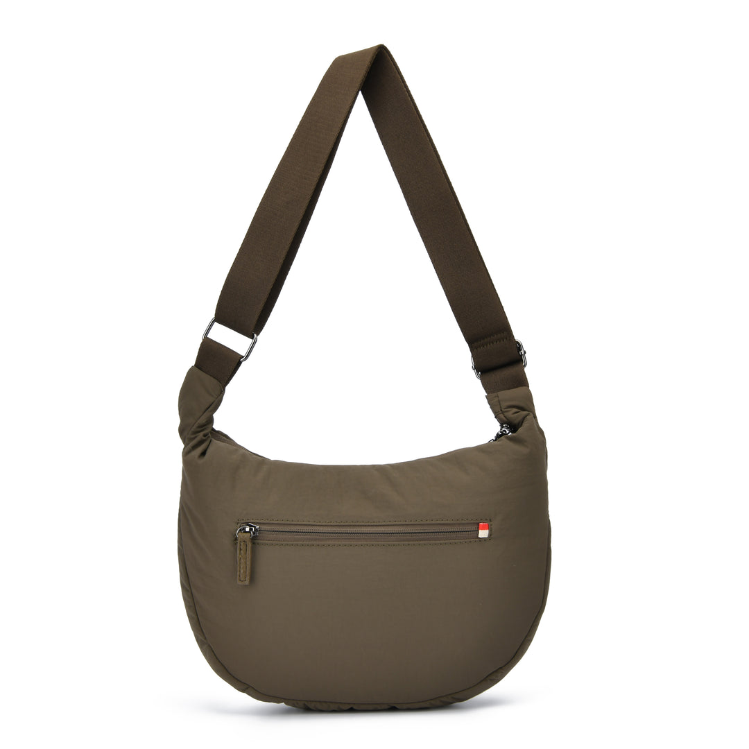 An olive green nylon shoulder bag with a wide adjustable strap, a front zippered pocket, and a small red and white logo tab, shown on a plain white background.