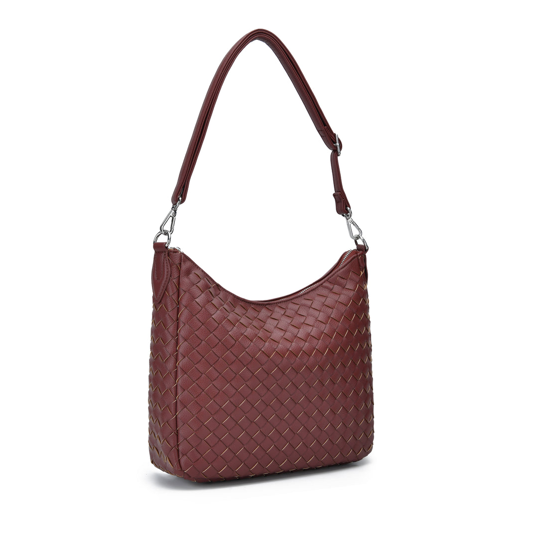 A woven leather shoulder bag in a deep burgundy red, featuring a structured hobo shape, a single shoulder strap, and silver-tone hardware, shown against a plain white background.