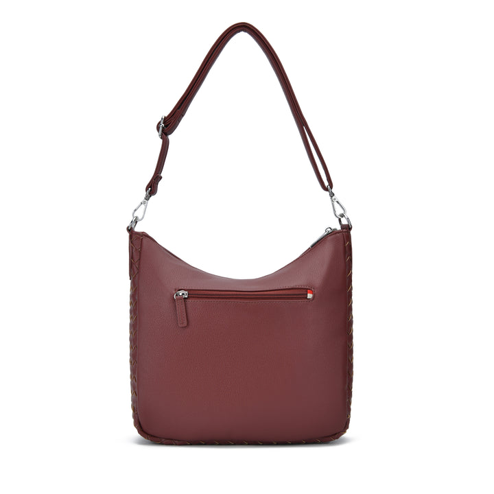 A burgundy leather shoulder bag with a braided side detail, a front zippered pocket, and a silver-tone metal clasp, shown on a plain white background.