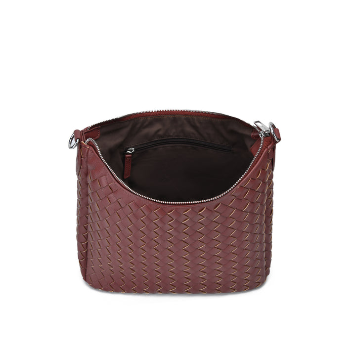 A dark reddish-brown woven leather handbag with a top zipper and an interior zippered pocket, shown from a front-facing perspective on a white background.