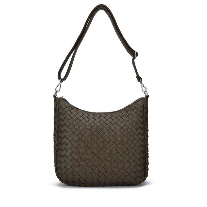 A dark brown woven leather shoulder bag with a single shoulder strap and silver-tone hardware, shown against a plain white background.