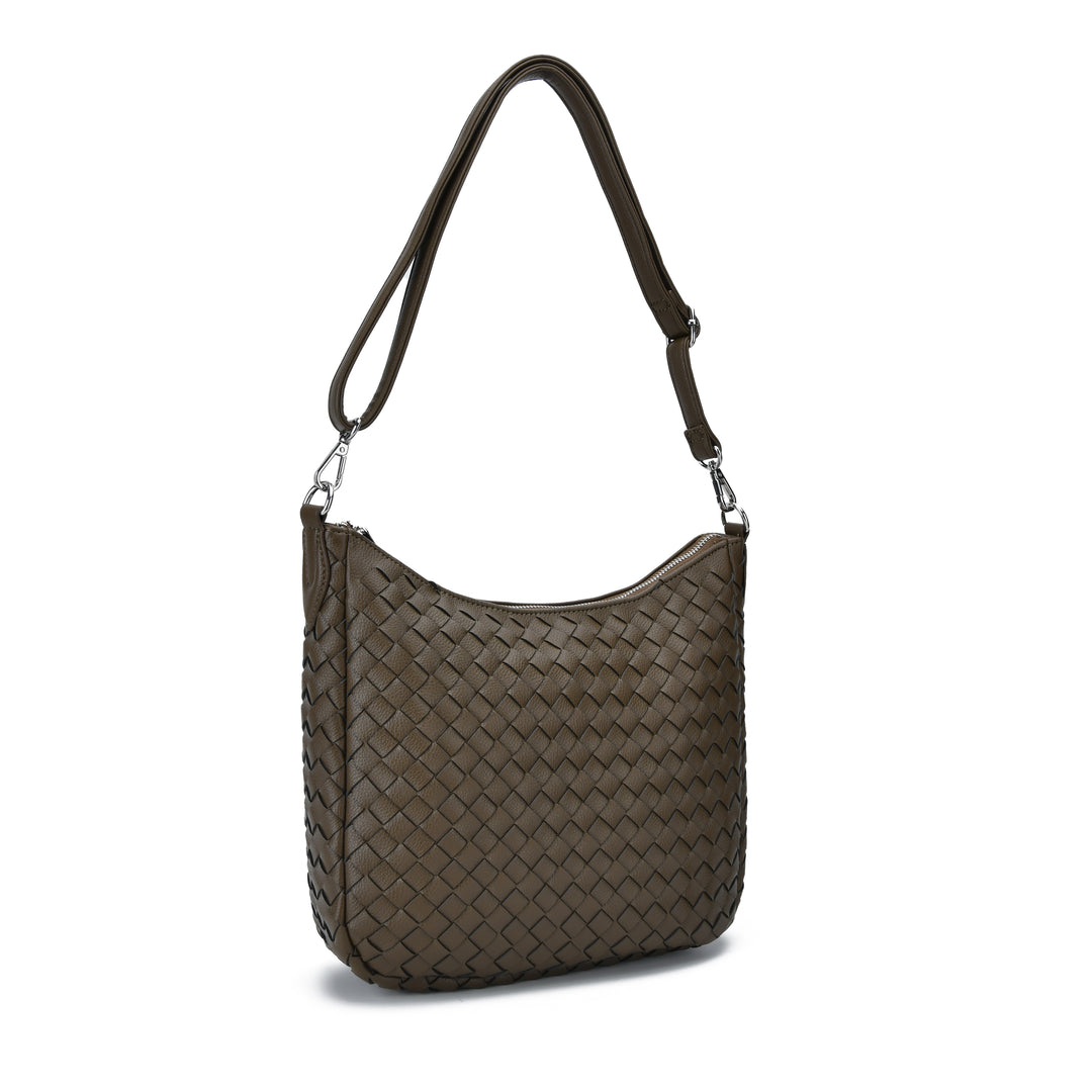 A dark brown woven leather shoulder bag with a single shoulder strap and silver-tone hardware, shown on a plain white background.