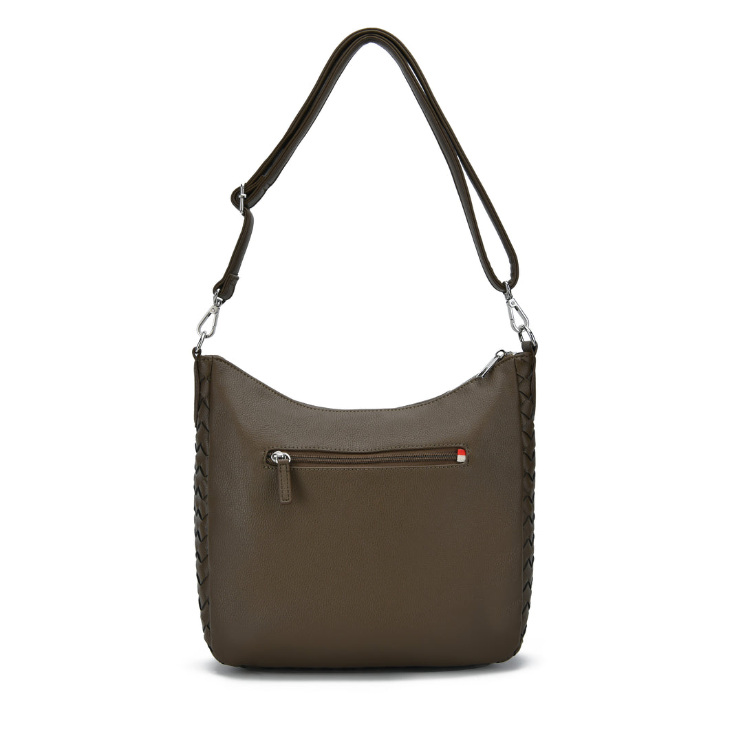 An olive brown leather shoulder bag with braided leather trim along the sides, a front zippered pocket, and a thin shoulder strap, shown on a plain white background.