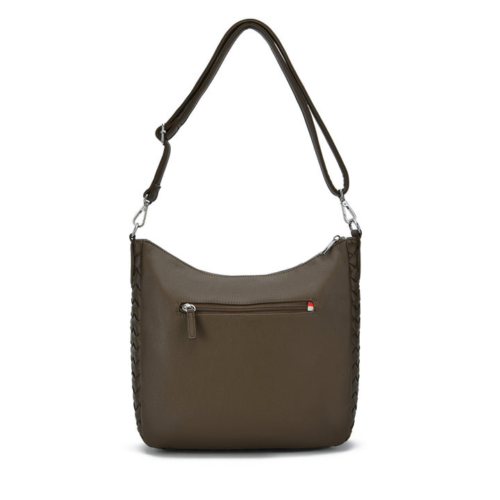 An olive brown leather shoulder bag with braided leather trim along the sides, a front zippered pocket, and a thin shoulder strap, shown on a plain white background.