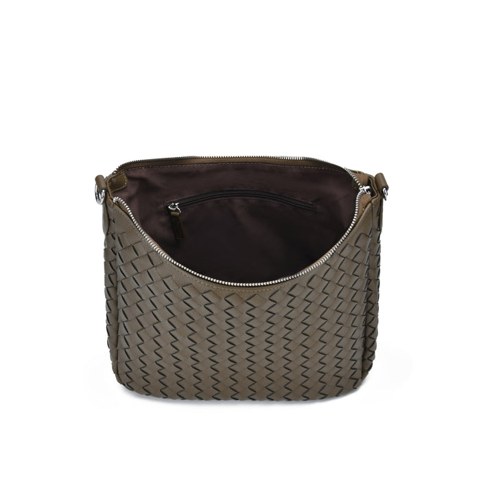 A woven leather shoulder bag in a muted taupe-brown color, shown from the back to reveal its dark brown interior lining and a zippered compartment.