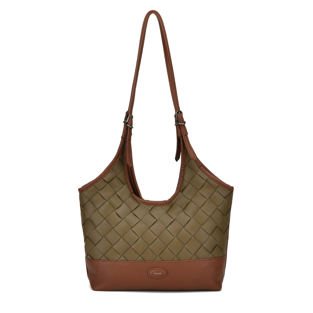 A woven leather shoulder bag in olive green and brown, featuring a diagonal split strap and a small oval logo plaque on the bottom front, set against a plain white background.