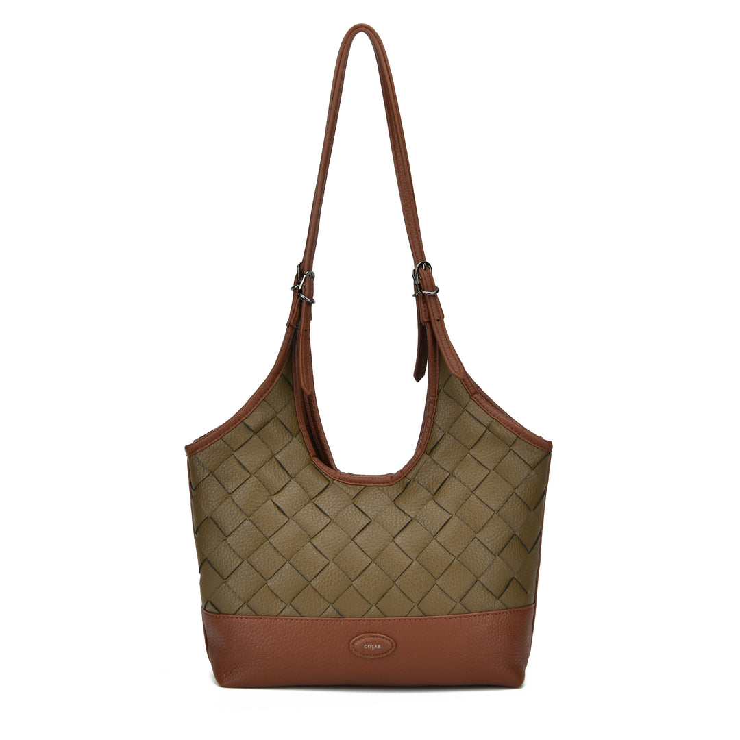 A woven leather shoulder bag in olive green and brown, featuring a diagonal split strap and a small oval logo plaque on the bottom front, set against a plain white background.