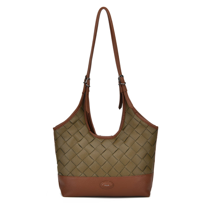 A woven leather shoulder bag in olive green and brown, featuring a diagonal split strap and a small oval logo plaque on the bottom front, set against a plain white background.