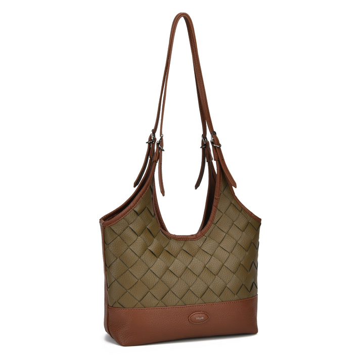 A woven leather shoulder bag in olive green and brown, featuring a brown leather base and a matching brown shoulder strap, shown against a plain white background.