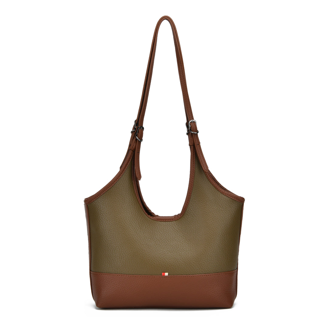 A color-blocked leather shoulder bag with an olive green pebbled upper body and a brown lower base and strap, featuring a small Italian flag logo on the front.