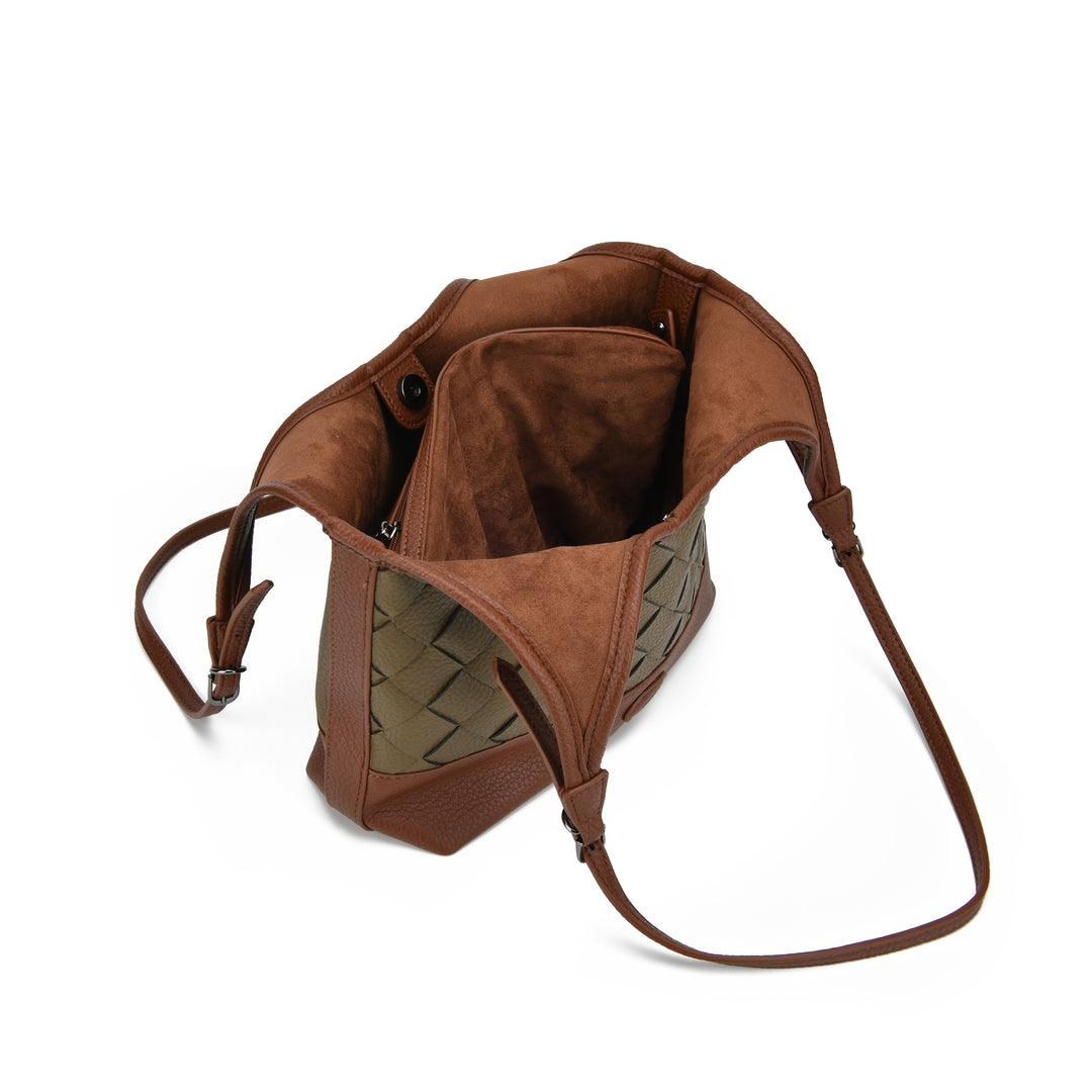 A brown leather shoulder bag with a woven olive green pattern on the front, shown open against a white background.