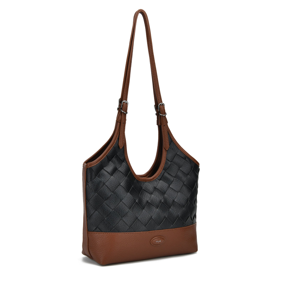 A woven leather shoulder bag in black and brown, featuring a black woven body, brown leather trim, and a long brown shoulder strap, shown on a plain white background.
