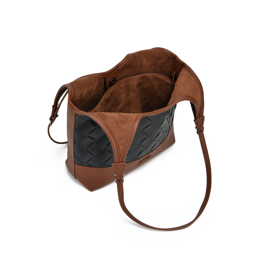 A brown leather shoulder bag with a black woven leather side panel, shown open against a solid white background.