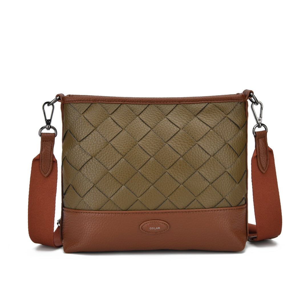 A brown and olive green leather crossbody bag with a woven basketweave pattern on the front, a solid brown leather base, and a matching brown shoulder strap, shown on a white background.