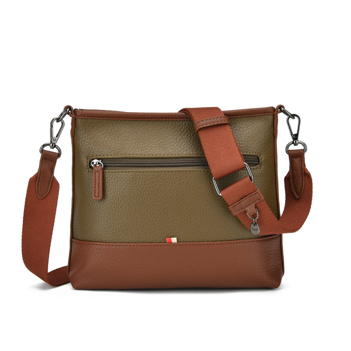 A two-tone leather crossbody bag with a textured olive green front and a warm brown base and straps, featuring a front zip pocket and a small Italian flag detail on the lower front.