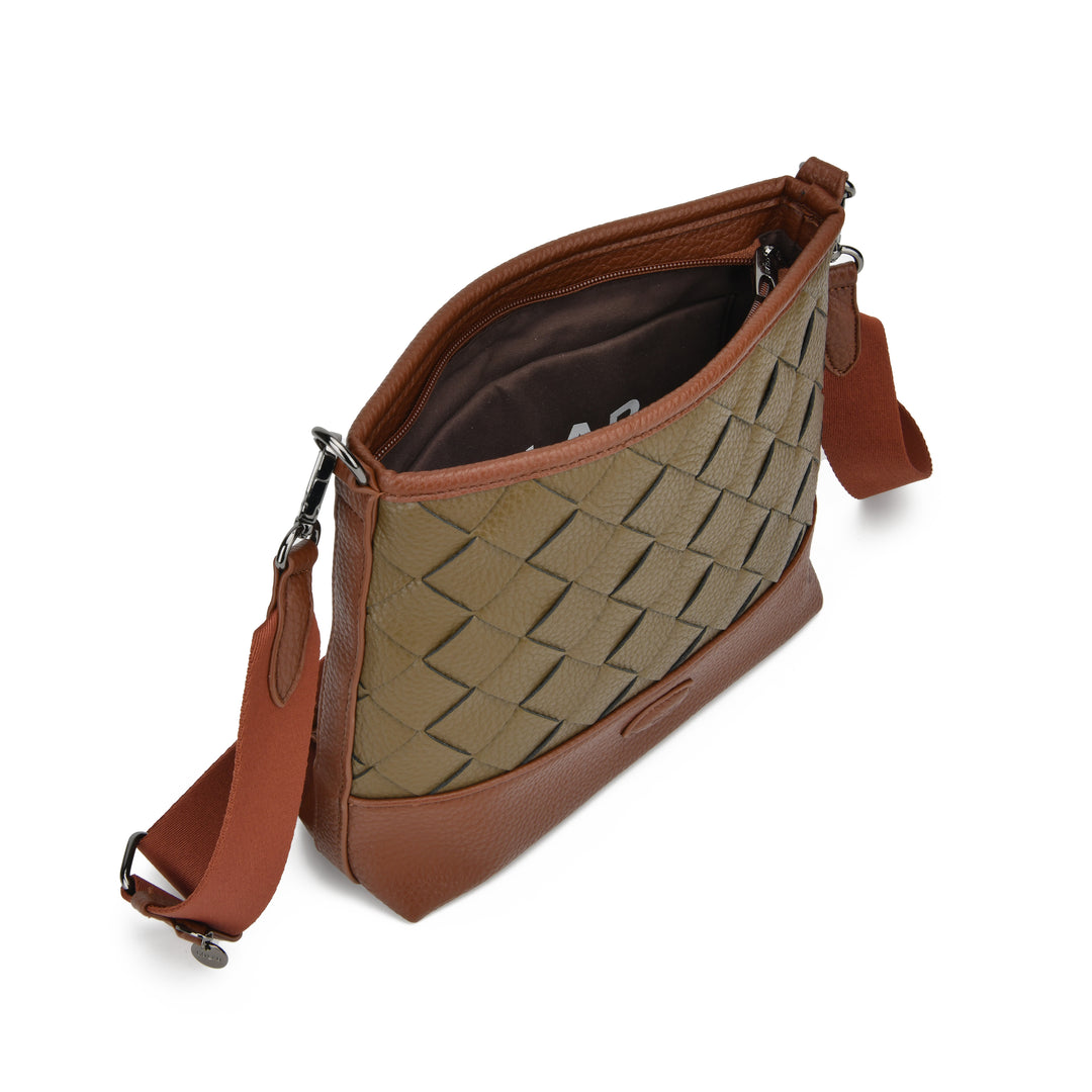 A brown and beige woven leather shoulder bag with a brown leather base, strap, and trim, shown from an elevated angle on a white background.