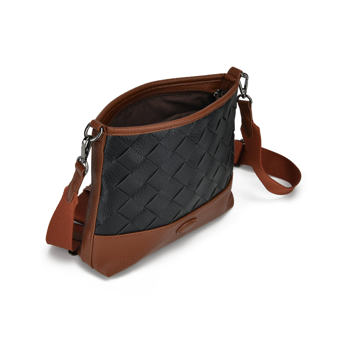 A brown and black woven leather shoulder bag with a matching brown leather strap and trim, shown on a clean white background.