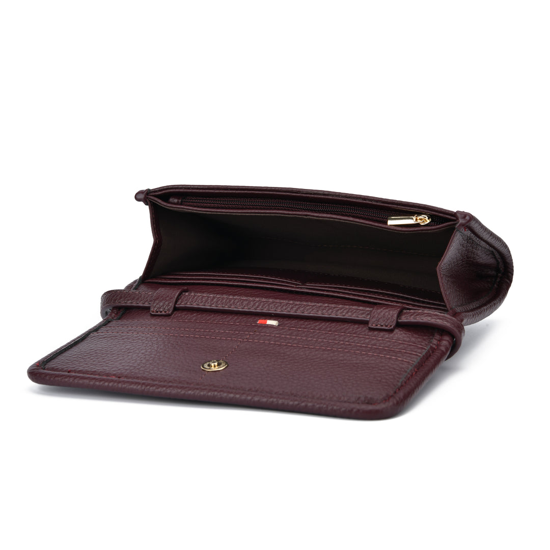 A dark burgundy leather wallet shown open, revealing its interior compartments, zipper pocket, and a small red, white, and blue flag detail on the front, set against a plain white background.
