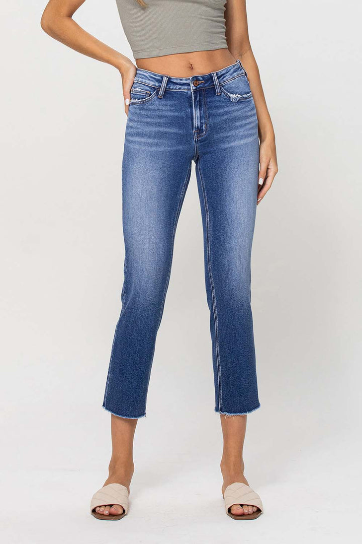 Mid Rise Crop Straight Jeans - Medium Wash