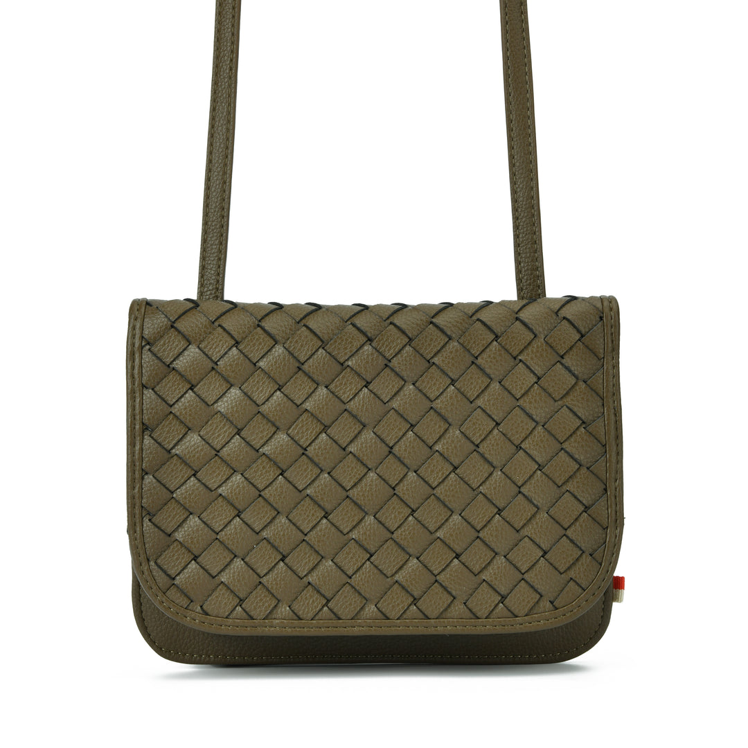 An olive green woven leather shoulder bag with a structured rectangular shape, a single shoulder strap, and a small red brand tab on the bottom right corner, shown against a plain white background.